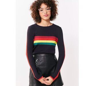 Urban Outfitters Cooperative Rainbow Striped Sweater, Small, Navy blue, Ribbed